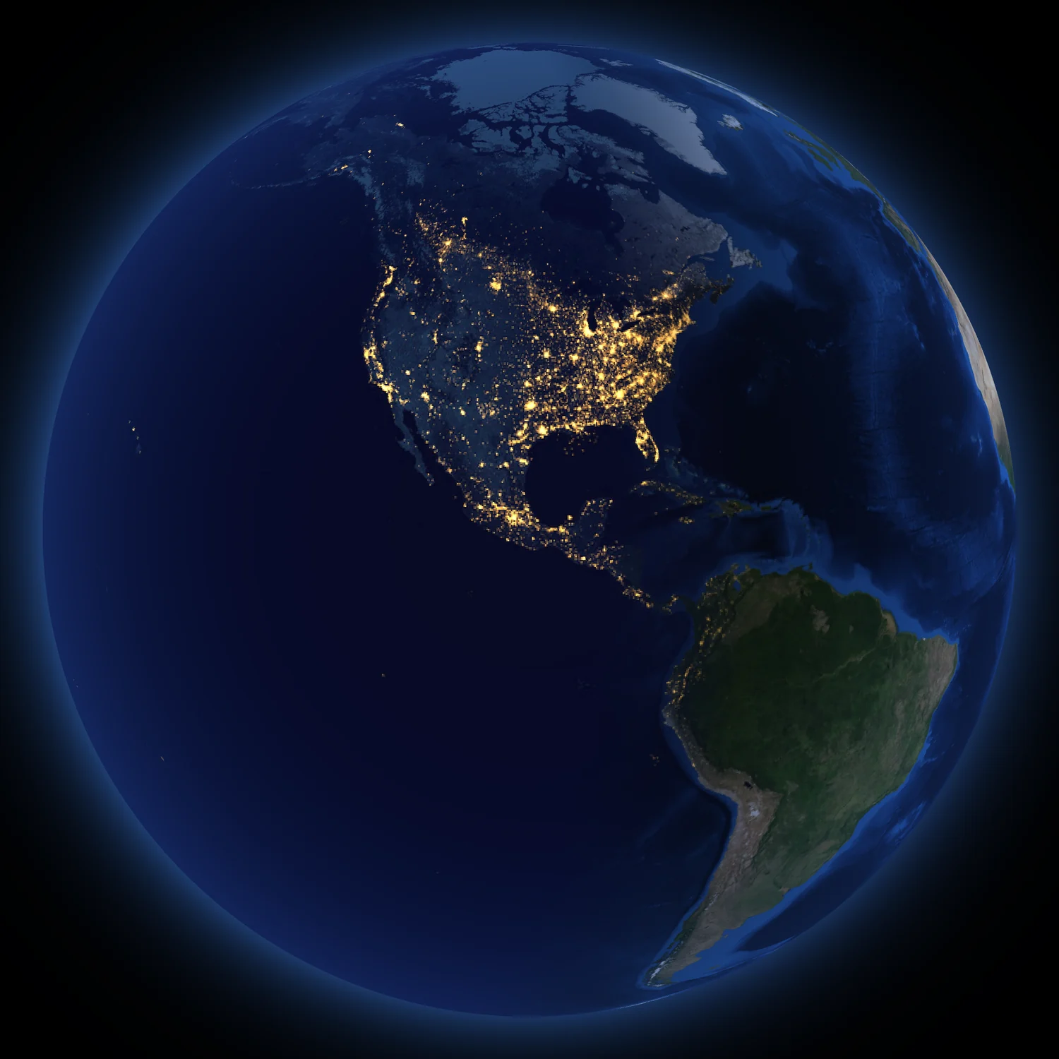 Earth at night over North America, assembled from NASA night-lights and Blue Marble imagery.